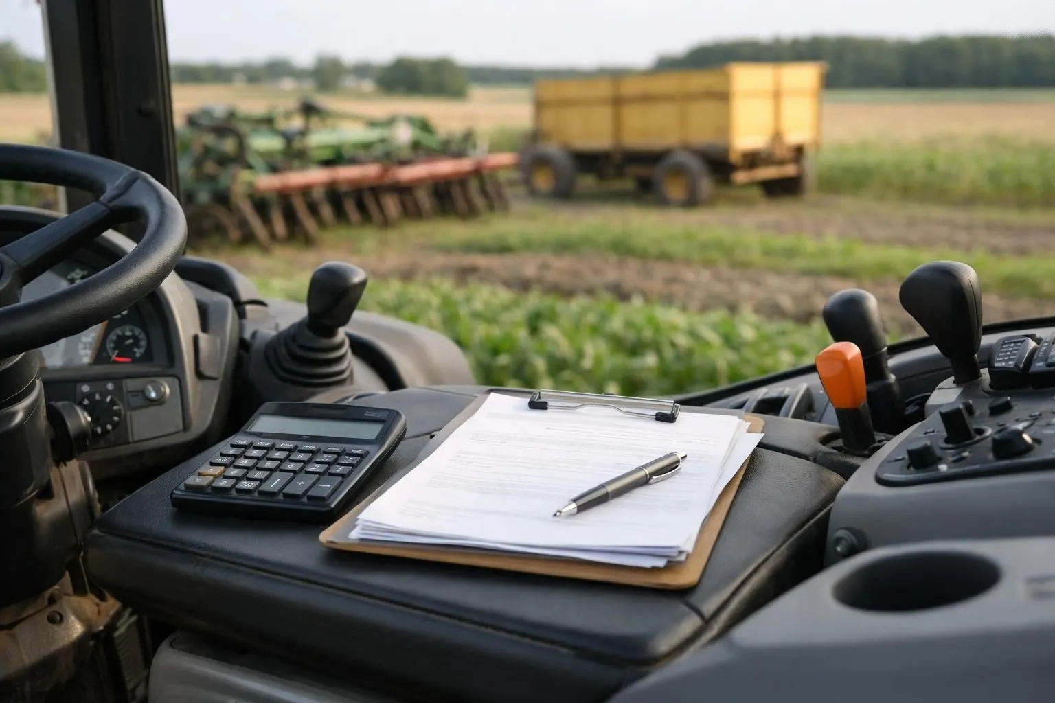 Un maraîcher dans un champ bio examine un tableau de bord de tracteur moderne avec des graphiques de coûts, entouré d'équipements agricoles variés (bineuse, sarcleuse, système d'irrigation), avec calculatrice et documents de maintenance sur une table en bois rustique en plein air, ambiance professionnelle et naturelle