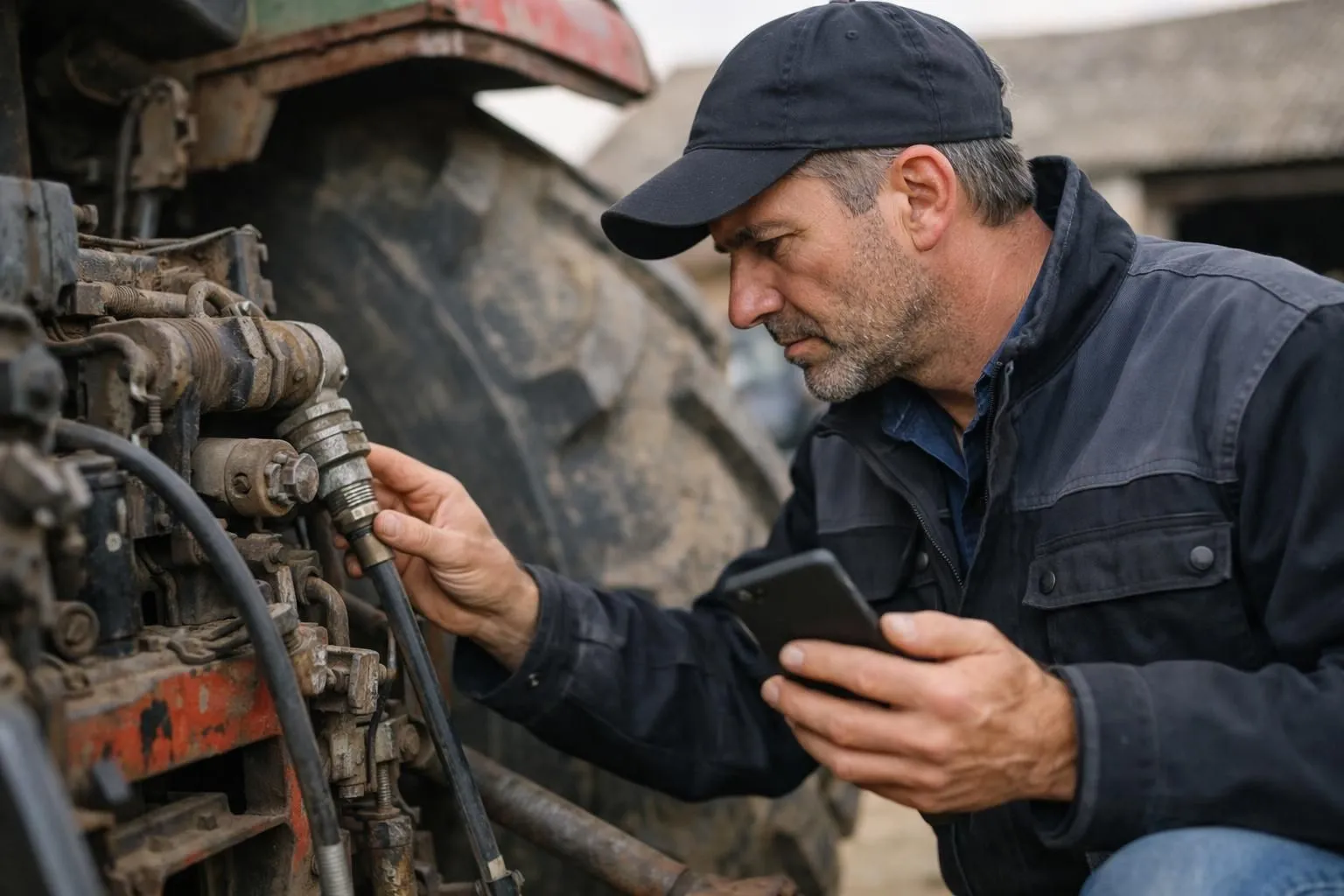 Professional farmer in work jacket carefully inspecting used agricultural tractor details with smartphone in hand, checking equipment condition in rural Picardy farmyard setting, close examination of machinery parts visible