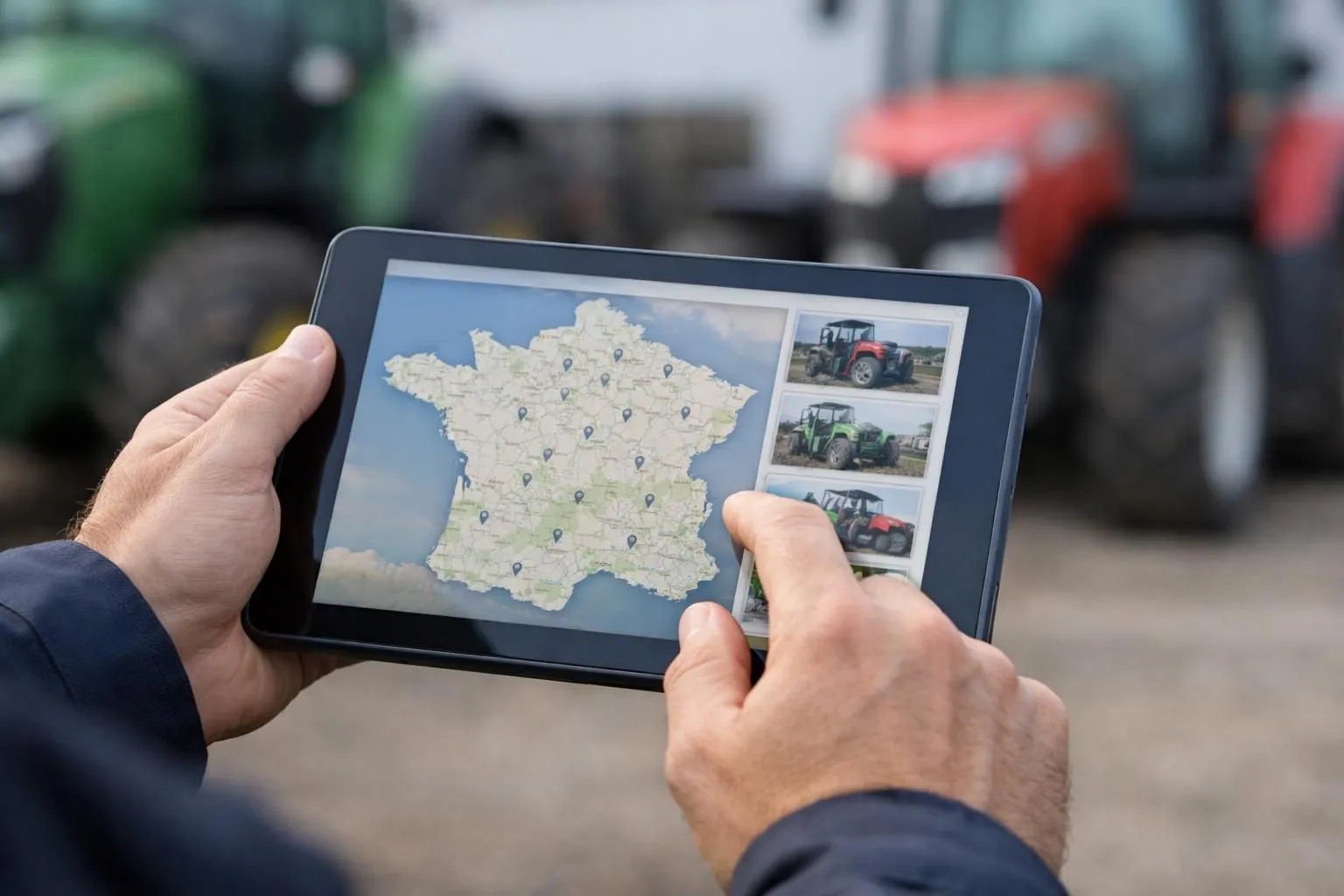 Close-up view of hands using a tablet computer showing agricultural machinery listings, with a map of France visible on screen, in a farmyard setting with tractors blurred in the background