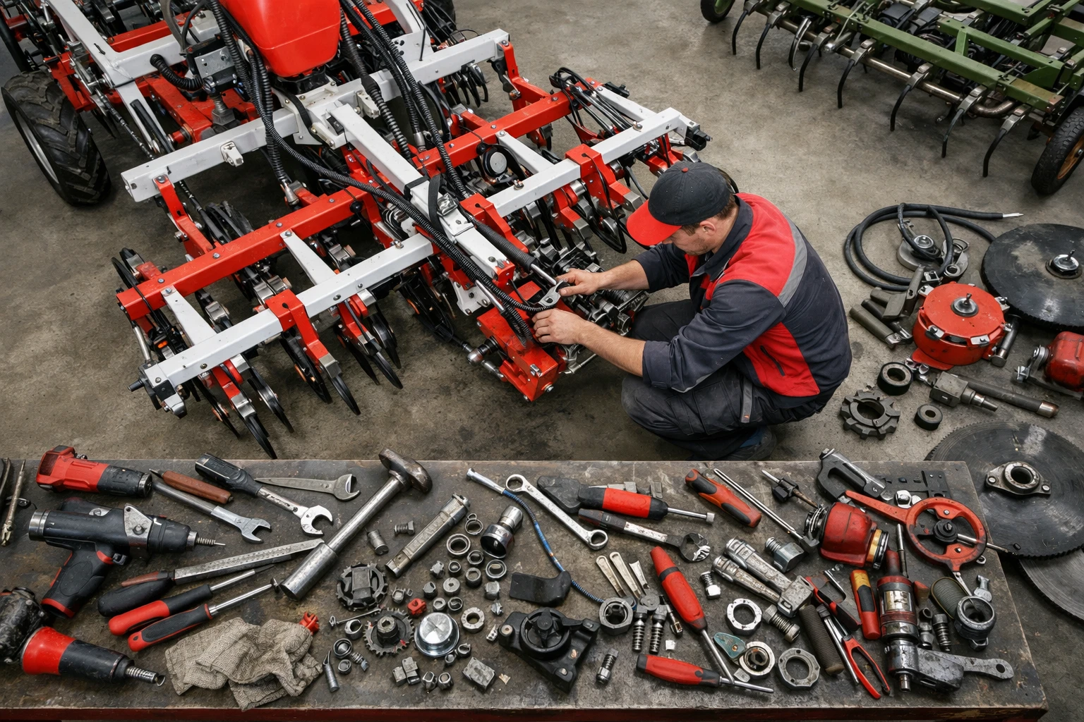 Maintenance technician repairing agricultural weeding equipment in workshop, tools spread on workbench, realistic industrial setting with machinery parts visible