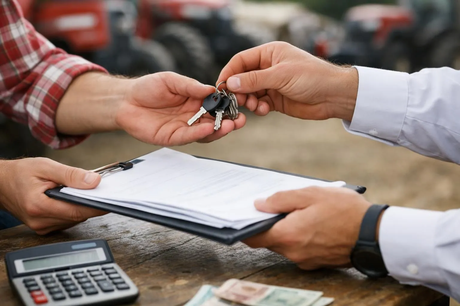 Close-up of hands exchanging documents and keys for agricultural equipment transaction with calculator showing numbers on worn wooden desk, serious negotiation atmosphere in rural setting