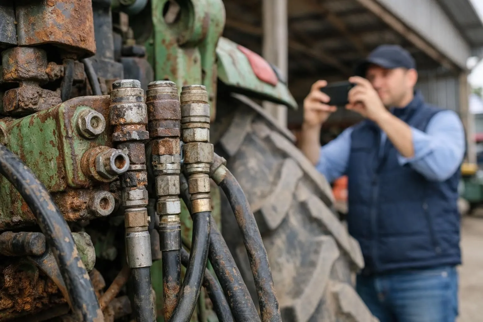Close-up of a used agricultural tractor showing hidden rust spots and wear on hydraulic connections, with a seller's smartphone in the background taking photos at strategic angles, indoor agricultural equipment warehouse setting, natural lighting revealing machine imperfections