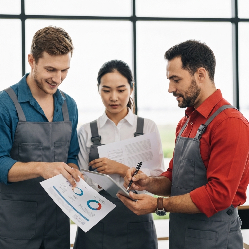 Agricultural advisor working with farmer reviewing crop management strategy documents and cost calculations on tablet in modern farm office with natural lighting