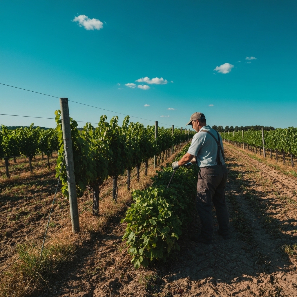 Agricultural professional operating a mechanical weeding machine between vineyard rows on a sunny day, with precision equipment removing weeds from soil without chemicals, showing practical field operation of alternative weed control machinery