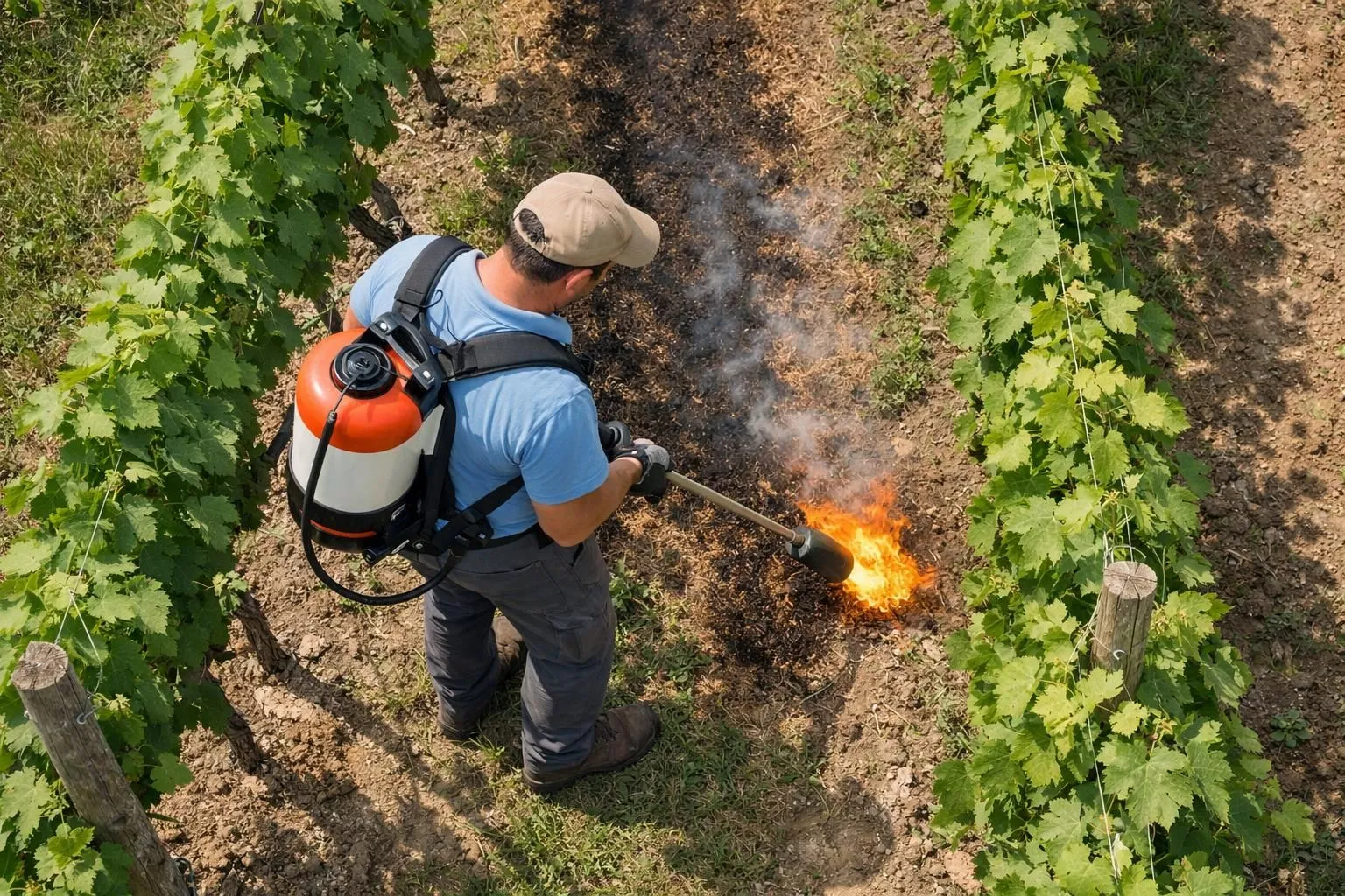 Professional agricultural worker operating handheld thermal weeding equipment between vineyard rows with grape vines visible, realistic field application scene showing practical use of flame technology on soil between crops