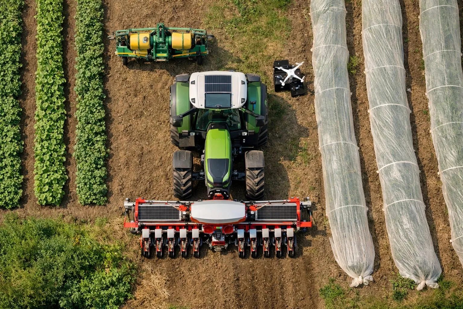 Modern sustainable agricultural machinery operating in an organic farm field, with eco-friendly tractor and precision farming equipment on green agricultural landscape, demonstrating environmentally responsible farming practices