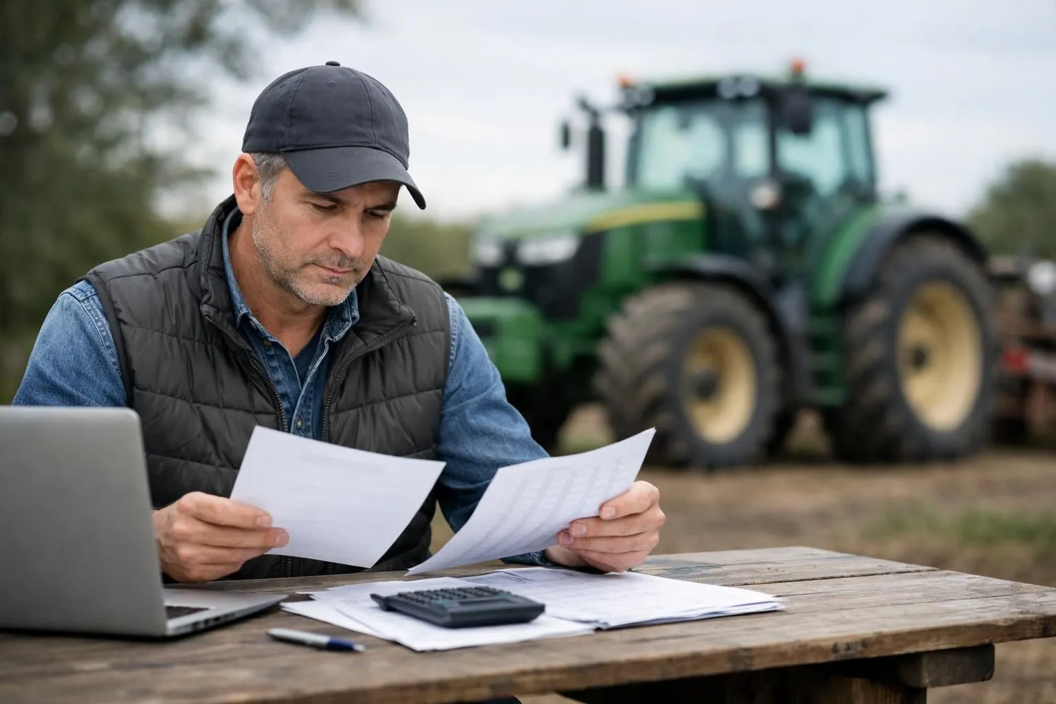 Agricultural professional at outdoor desk comparing maintenance invoices and cost spreadsheets for farm equipment, with tractor visible in blurred background under natural daylight, realistic documentary photography