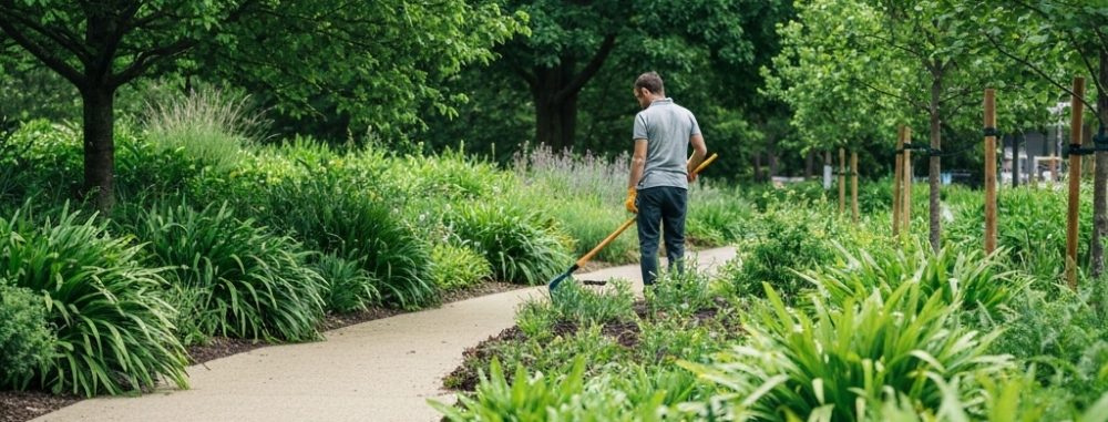 Personne entretenant un parc verdoyant, utilisant des solutions de désherbage écologique pour espaces verts.