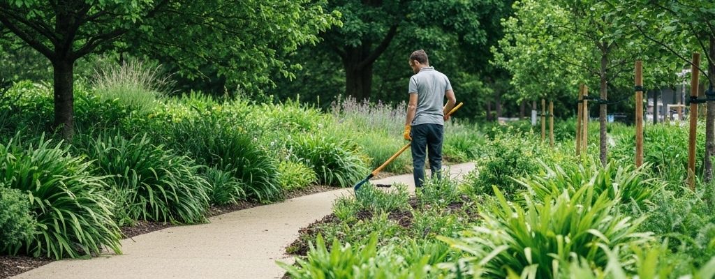 Personne entretenant un parc verdoyant, utilisant des solutions de désherbage écologique pour espaces verts.