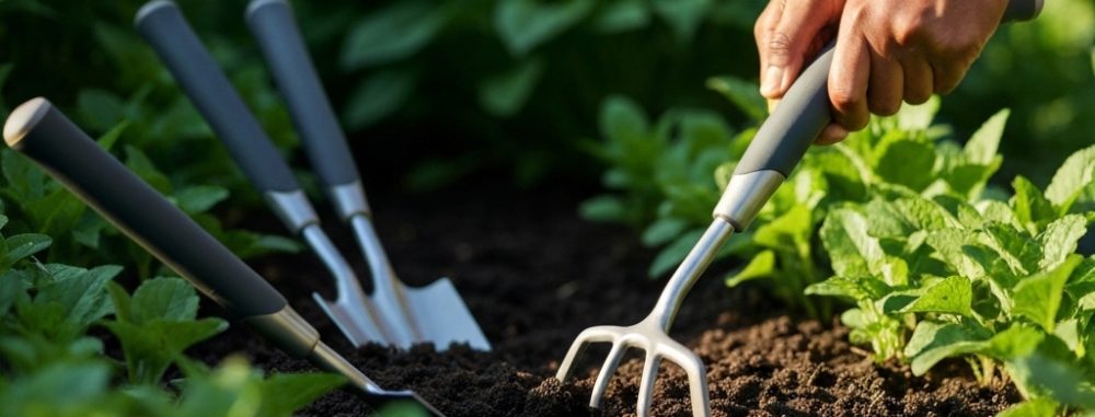 Mains utilisant un outil désherbage ergonomique moderne dans un jardin verdoyant. Autres outils innovants en arrière-plan.