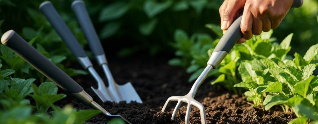 Mains utilisant un outil désherbage ergonomique moderne dans un jardin verdoyant. Autres outils innovants en arrière-plan.