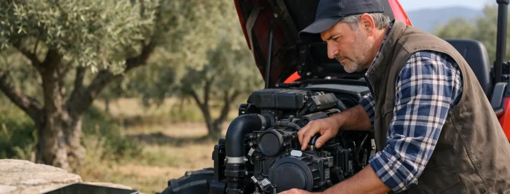 Acheter matériel agricole Le Bon Coin Corse. Agriculteur inspectant tracteur d'occasion. Trouver équipement ferme.