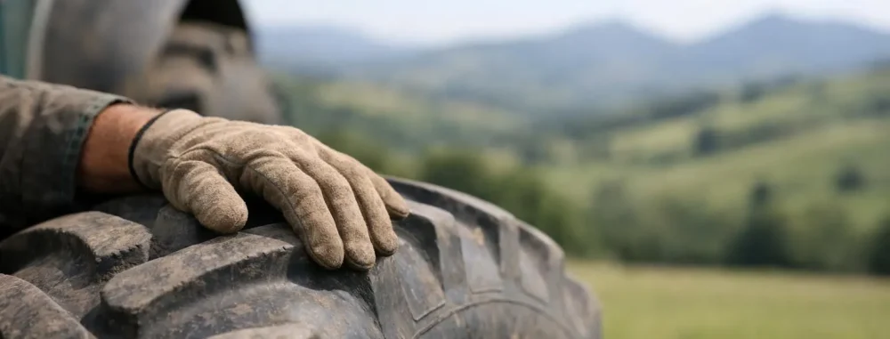 Roue de tracteur d'occasion, main sur le pneu. Idéal pour trouver le bon coin matériel agricole 15 dans le Cantal.