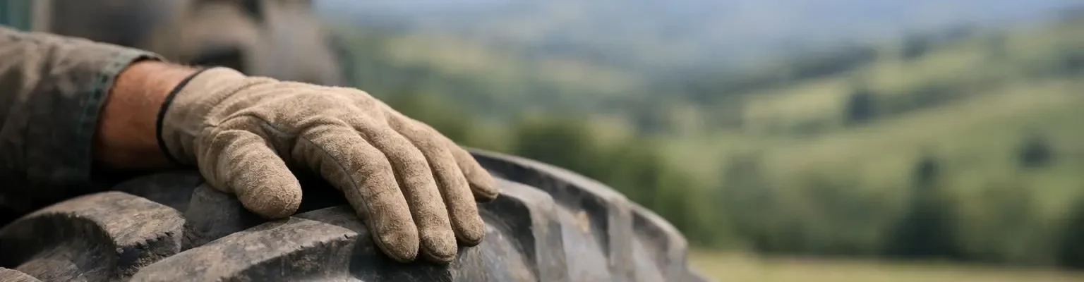 Roue de tracteur d'occasion, main sur le pneu. Idéal pour trouver le bon coin matériel agricole 15 dans le Cantal.