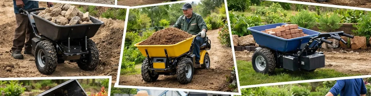 Collage de photos authentiques montrant diverses brouettes électriques robustes transformant le travail dans un jardin profes