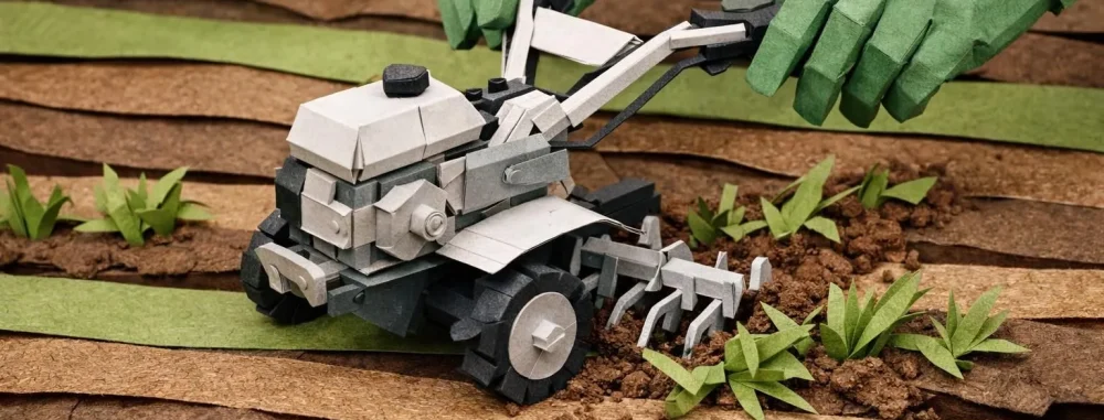 Binage mécanique cultivateur: scène artisanale en papier avec un tracteur désherbant un champ vert texturé. Tactile et créati