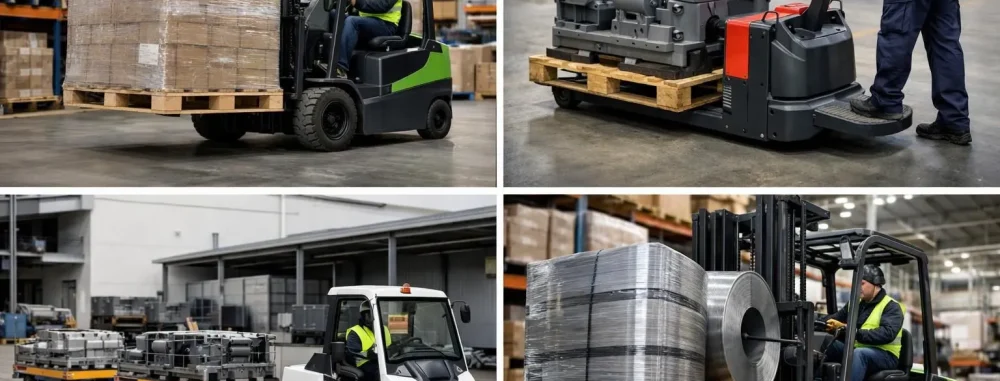 Collage de photos: chariot électrique pour déplacement lourd exploitation dans divers environnements industriels.