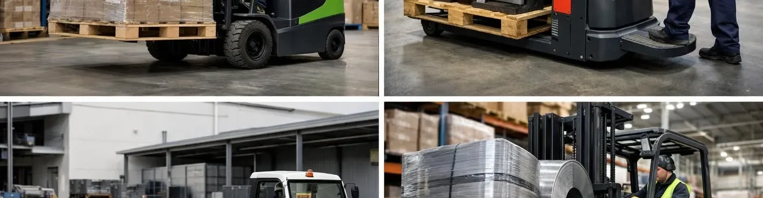 Collage de photos: chariot électrique pour déplacement lourd exploitation dans divers environnements industriels.