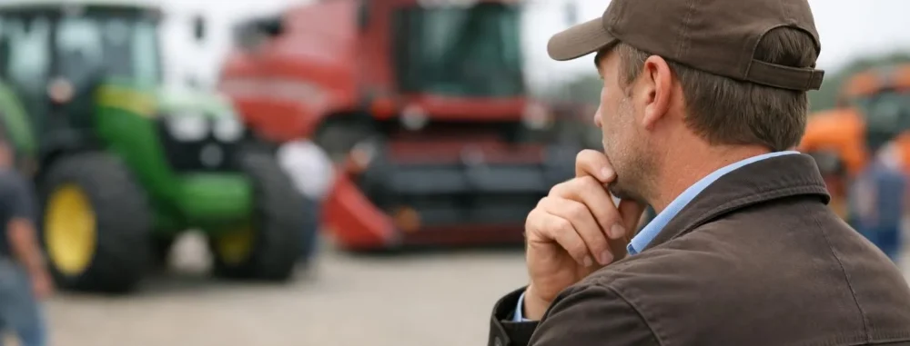 Vente aux enchères matériel agricole: Un acheteur potentiel examine un tracteur moderne et autres équipements avant d'enchéri
