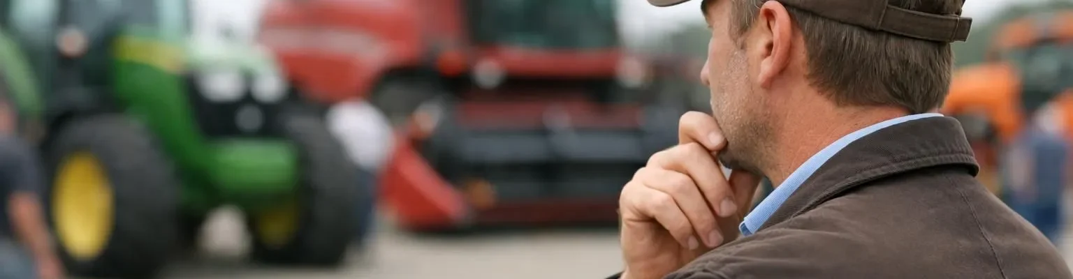 Vente aux enchères matériel agricole: Un acheteur potentiel examine un tracteur moderne et autres équipements avant d'enchéri
