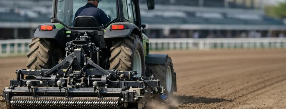 Matériel entretien hippodrome: tracteur moderne sur piste de course. Équipement essentiel pour des surfaces performantes.