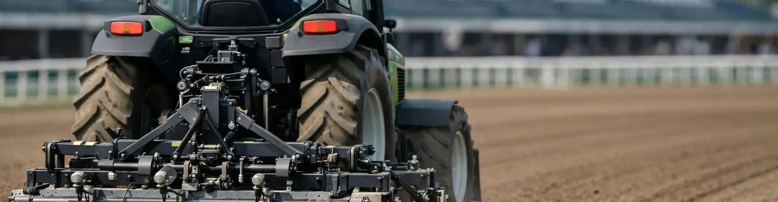 Matériel entretien hippodrome: tracteur moderne sur piste de course. Équipement essentiel pour des surfaces performantes.