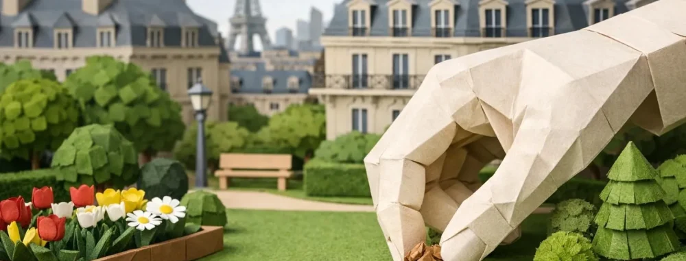 Solutions désherbage Paris: main papier retirant herbe, paysage urbain origami symbolisant entretien propre.