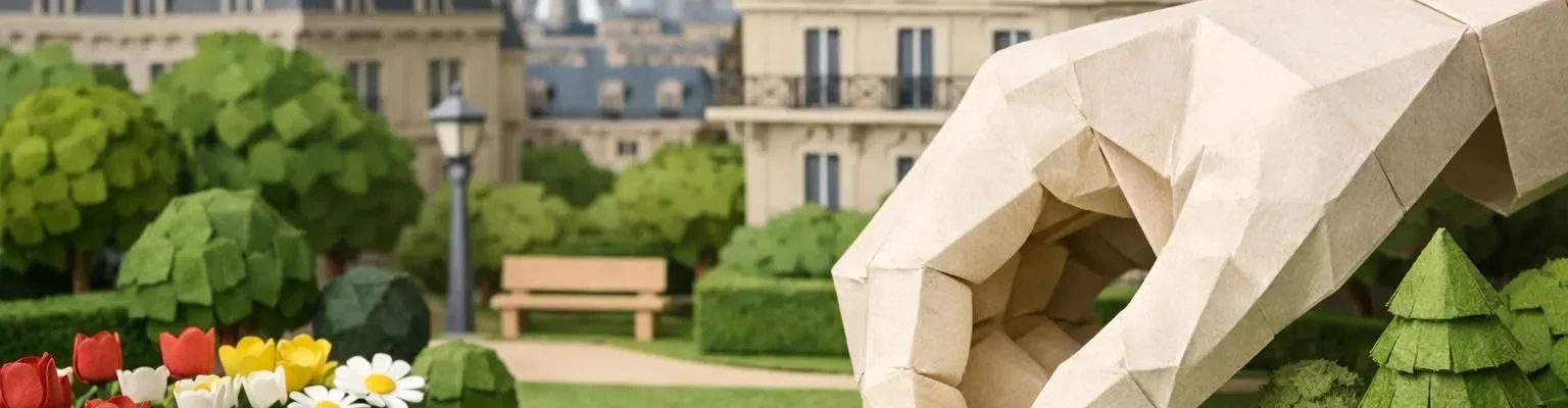 Solutions désherbage Paris: main papier retirant herbe, paysage urbain origami symbolisant entretien propre.