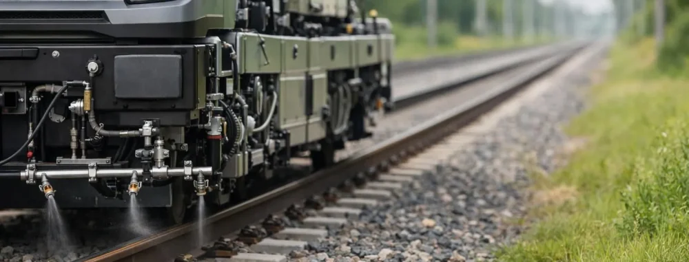 Solutions désherbage voie ferrée modernes: véhicule spécialisé sur rails, symbolisant une maintenance durable et efficace.