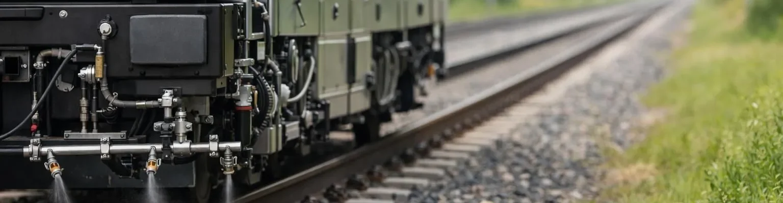 Solutions désherbage voie ferrée modernes: véhicule spécialisé sur rails, symbolisant une maintenance durable et efficace.