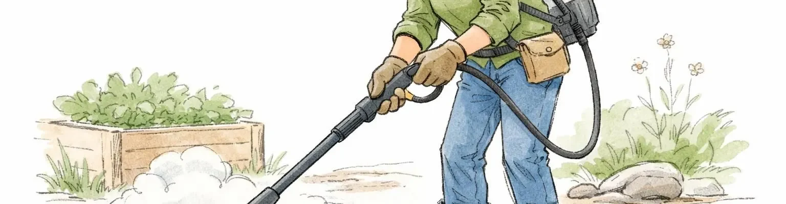 Illustration d'un jardinier souriant désherbant à la vapeur. Les avantages du désherbage vapeur écologique.