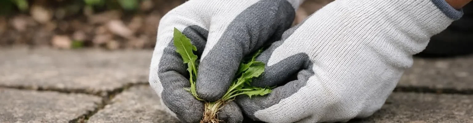 Désherbage alternatif sans flamme: mains retirant manuellement une mauvaise herbe. Méthode efficace et écologique.