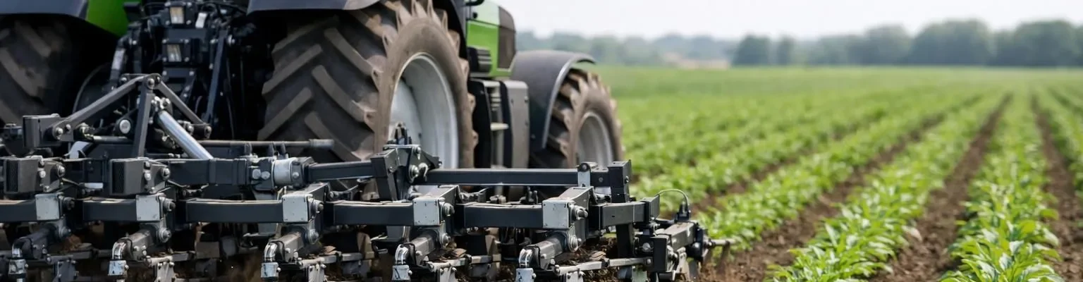 Matériel agricole sans glyphosate: tracteur avec outil de désherbage mécanique en champ cultivé, cultures saines.