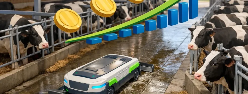 Illustration 3D isométrique d'un racleur à lisier électrique moderne en action, symbolisant le cout d'installation et budget.