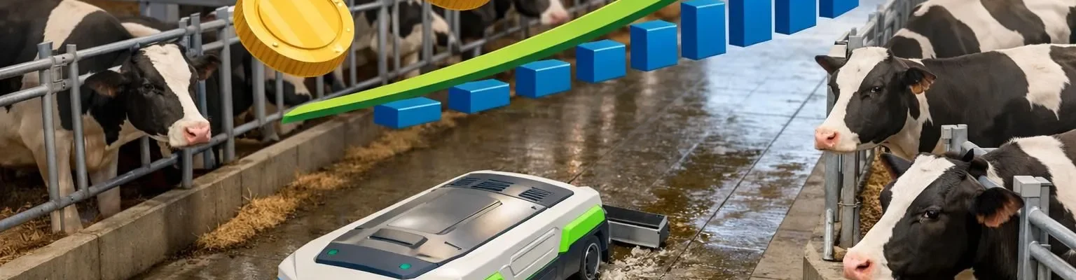 Illustration 3D isométrique d'un racleur à lisier électrique moderne en action, symbolisant le cout d'installation et budget.