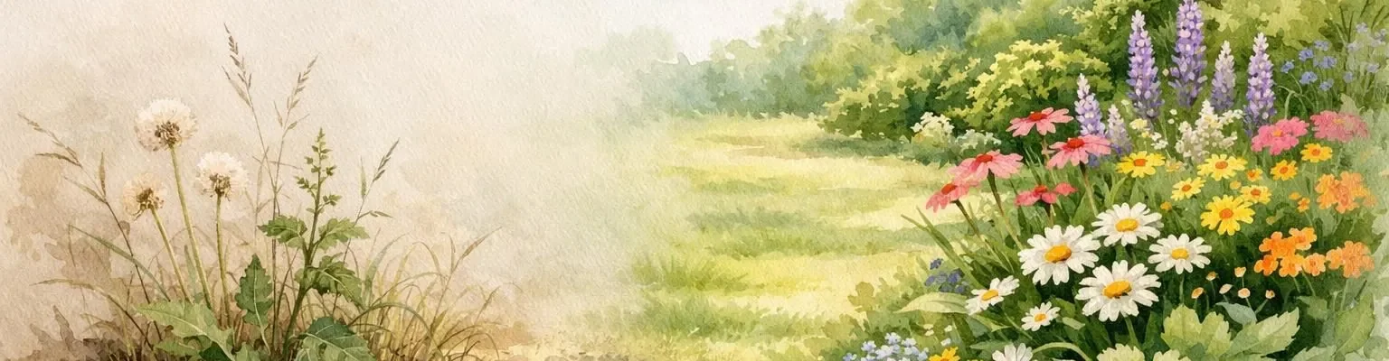 Illustration aquarelle d'un jardin transformé, montrant une solution anti mauvaise herbe durable pour des espaces verts sains