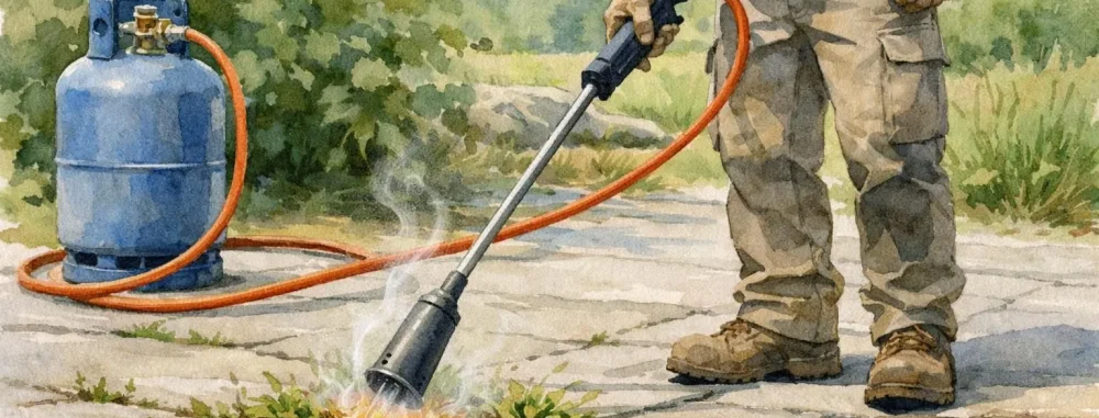 Désherbage thermique professionnel au gaz propane sur pavés. Illustration aquarelle douce et moderne.