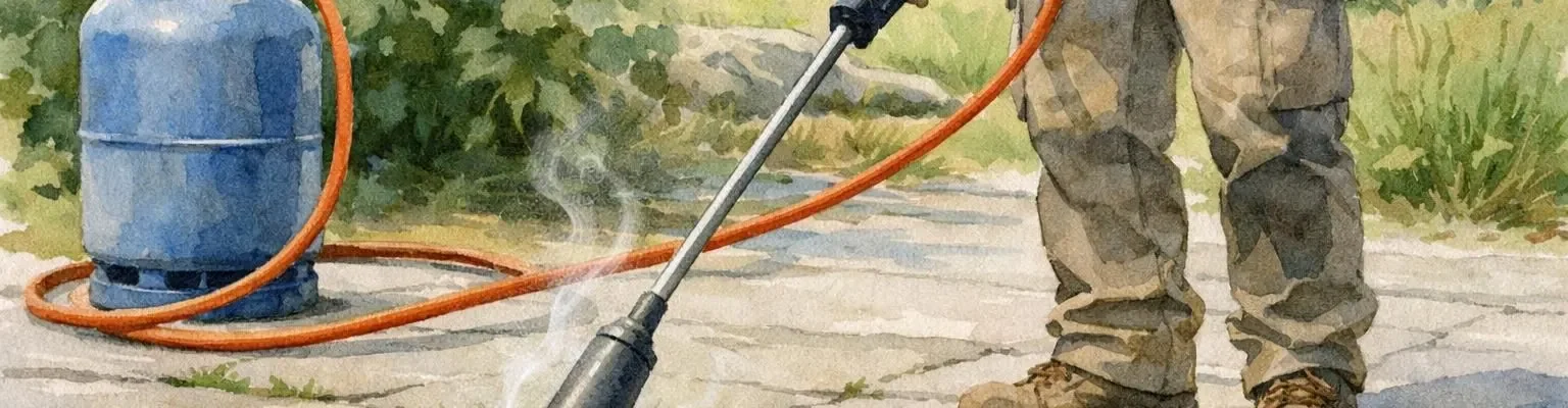 Désherbage thermique professionnel au gaz propane sur pavés. Illustration aquarelle douce et moderne.