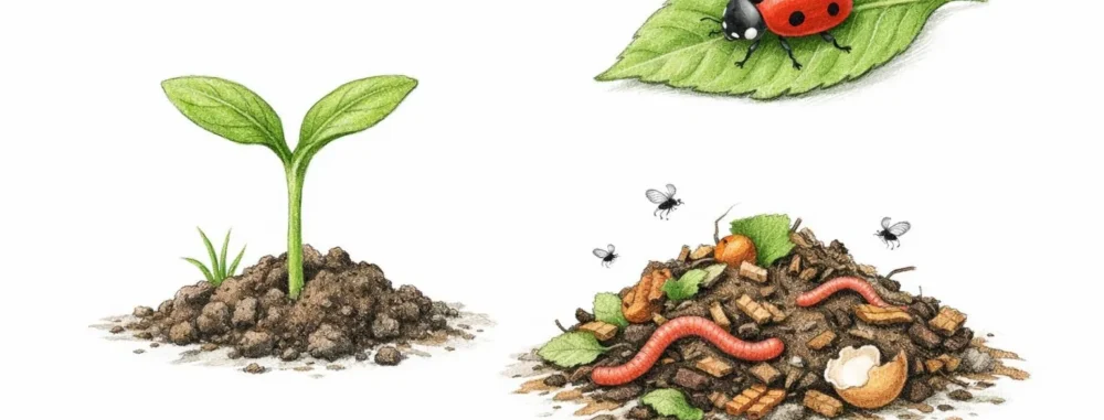 Quelles alternatives au glyphosate? Croquis d'agriculture durable: plantes saines, coccinelle, compost.