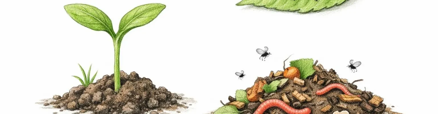 Quelles alternatives au glyphosate? Croquis d'agriculture durable: plantes saines, coccinelle, compost.