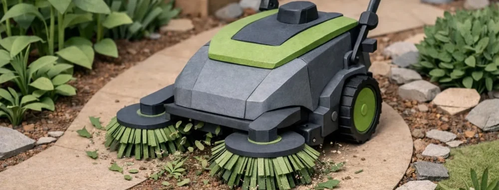Désherbeuse mécanique stylisée en papier, nettoyant une allée. Solution écologique pour professionnels.