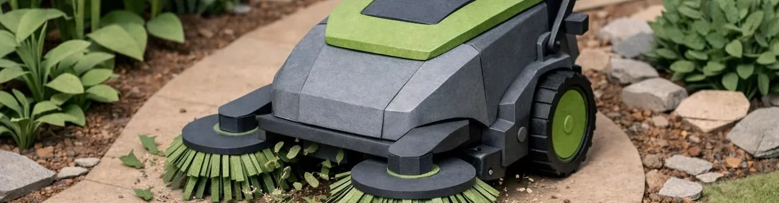 Désherbeuse mécanique stylisée en papier, nettoyant une allée. Solution écologique pour professionnels.