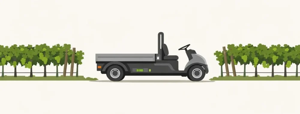 Chariot assistance électrique moderne pour vignes entre les rangs, révolution silencieuse du travail viticole.