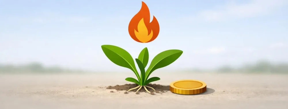 Illustration minimaliste : coût désherbage thermique hectare. Flamme, plante et icône monétaire symbolisant les changements 2