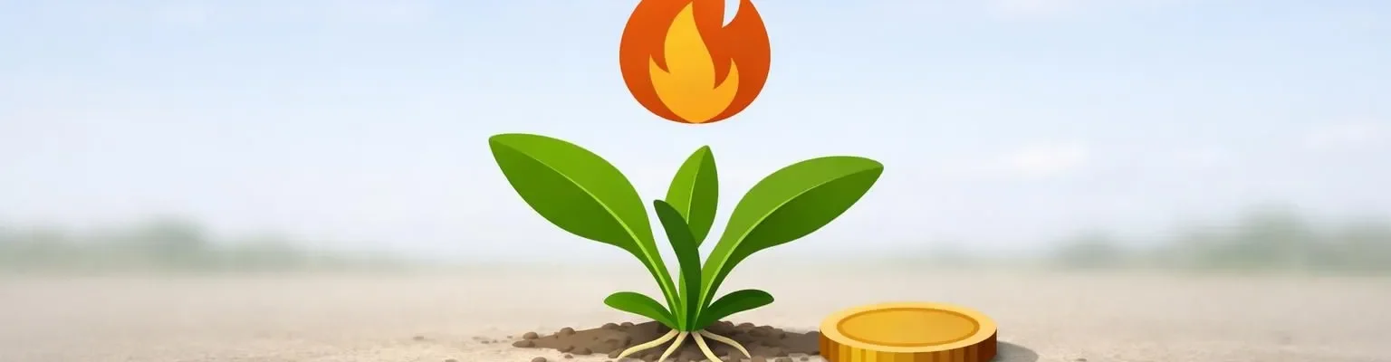 Illustration minimaliste : coût désherbage thermique hectare. Flamme, plante et icône monétaire symbolisant les changements 2