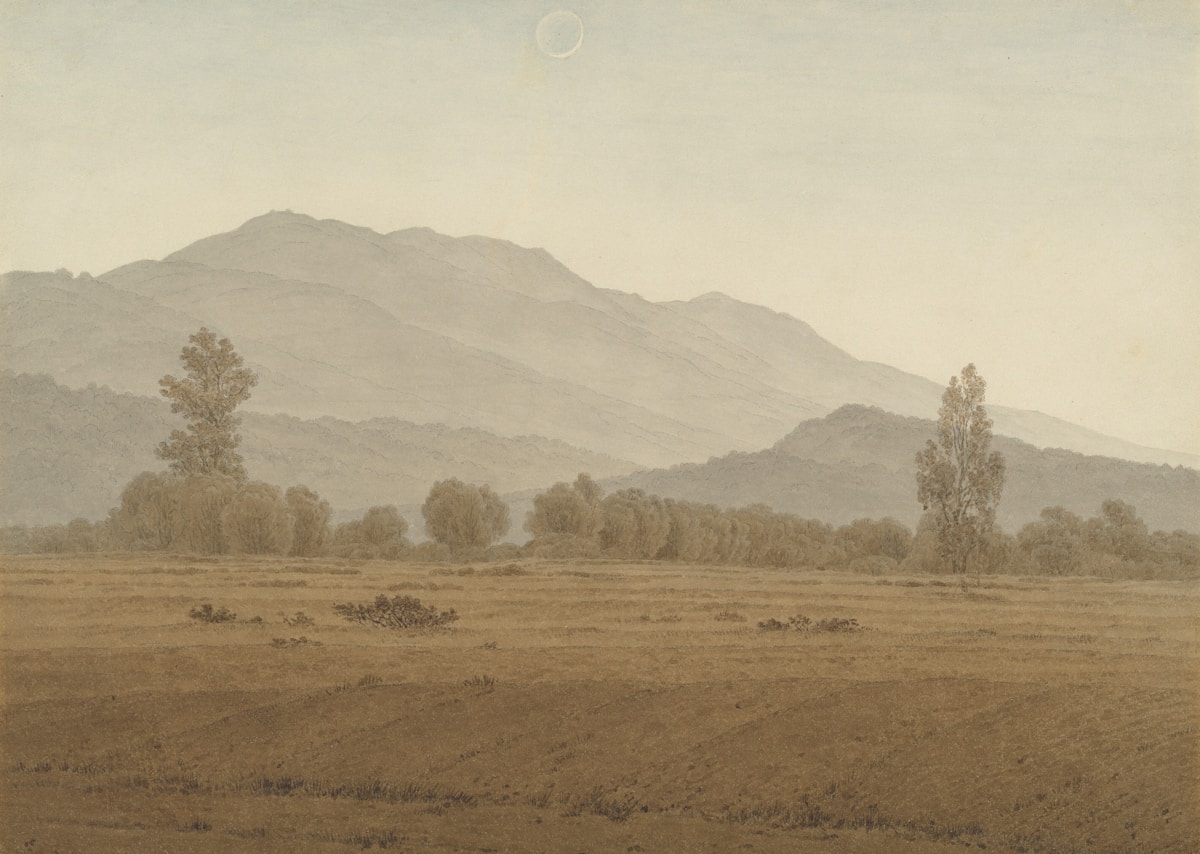 New Moon or Solar Eclipse above the Riesengebirge Mountains 1810 or 1828/1835 Caspar David Friedrich Associated Names Caspar David Friedrich Artist, German, 1774 - 1840 https://www.nga.gov/artworks/139124-new-moon-or-solar-eclipse-above-riesengebirge-mountains