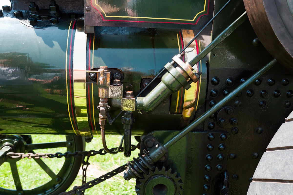 Close-up of a steam engine's mechanical parts.