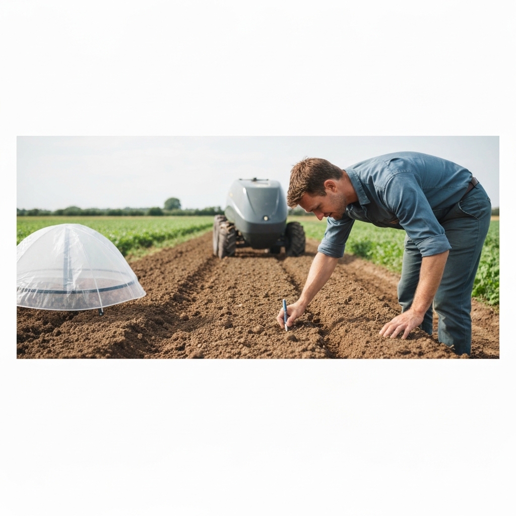 Agricultural field showing conservation farming techniques with cover crops growing between rows, farmer examining healthy dark soil structure, modern farm equipment visible in background, bright natural daylight