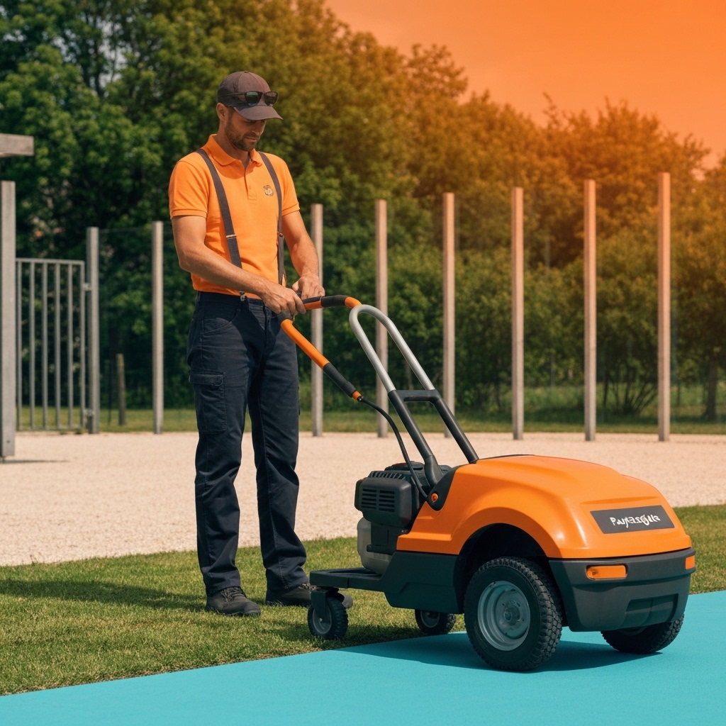 Paysagiste professionnel utilisant un outil de désherbage ergonomique avec poignée télescopique, posture droite et confortable, dans un espace vert urbain moderne sous le soleil