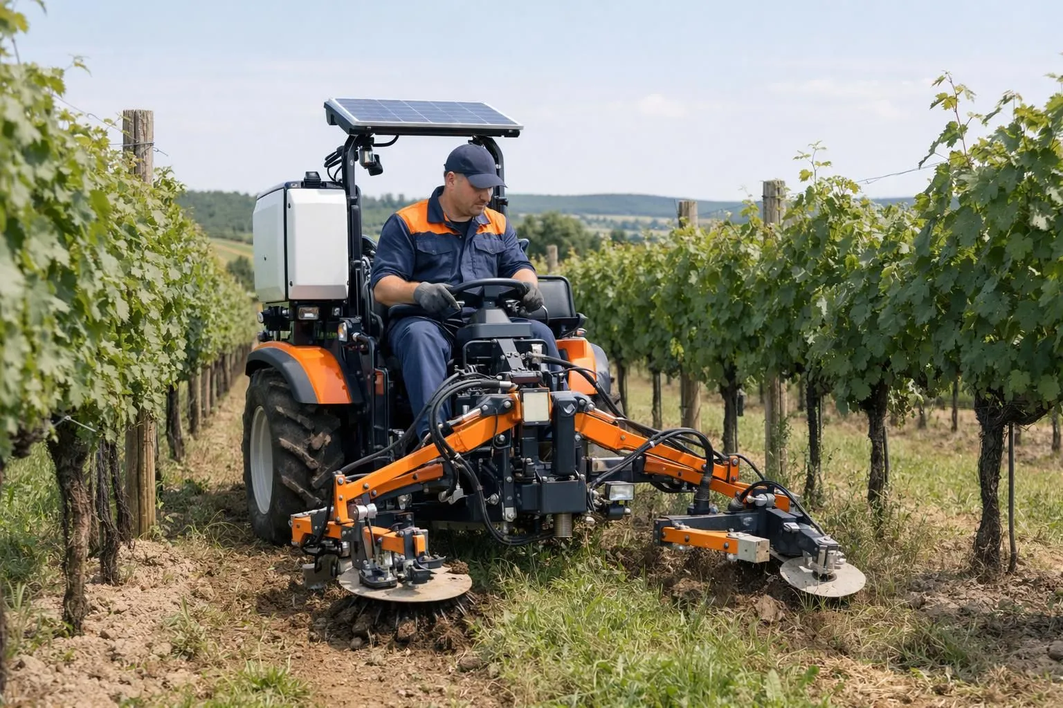 Modern agricultural professional using eco-friendly mechanical weeding equipment in a vineyard, sustainable farming machinery in action on sunny day, professional operator working between crop rows with innovative green technology